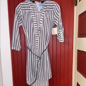 Passport Black and White Striped Dress with Brown Belt NEW